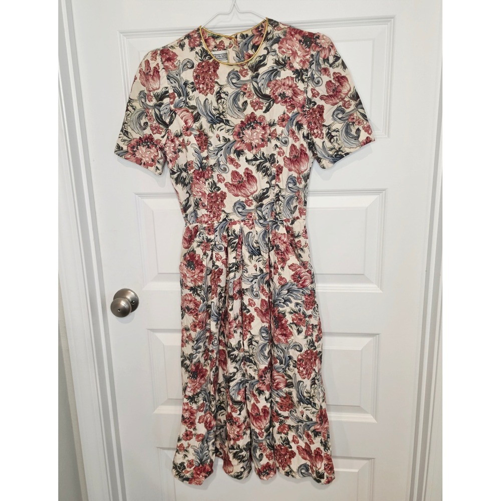Jessica Howard Floral Dress Womens 8P Cotton Vintage Boho Coastal Chic MIDI